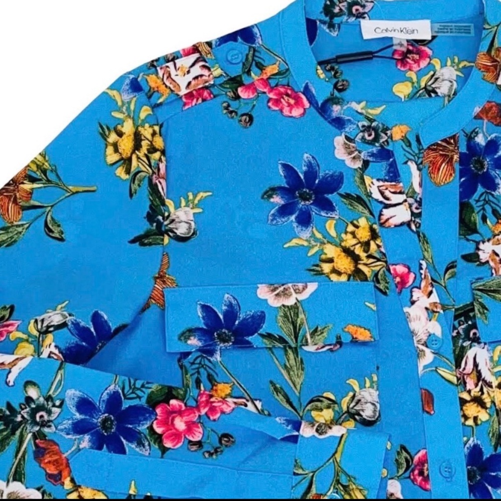 Calvin Klein Georgette Floral Blouse Roll-Sleeves Pockets Long Sleeve Blue - Picture 3 of 10